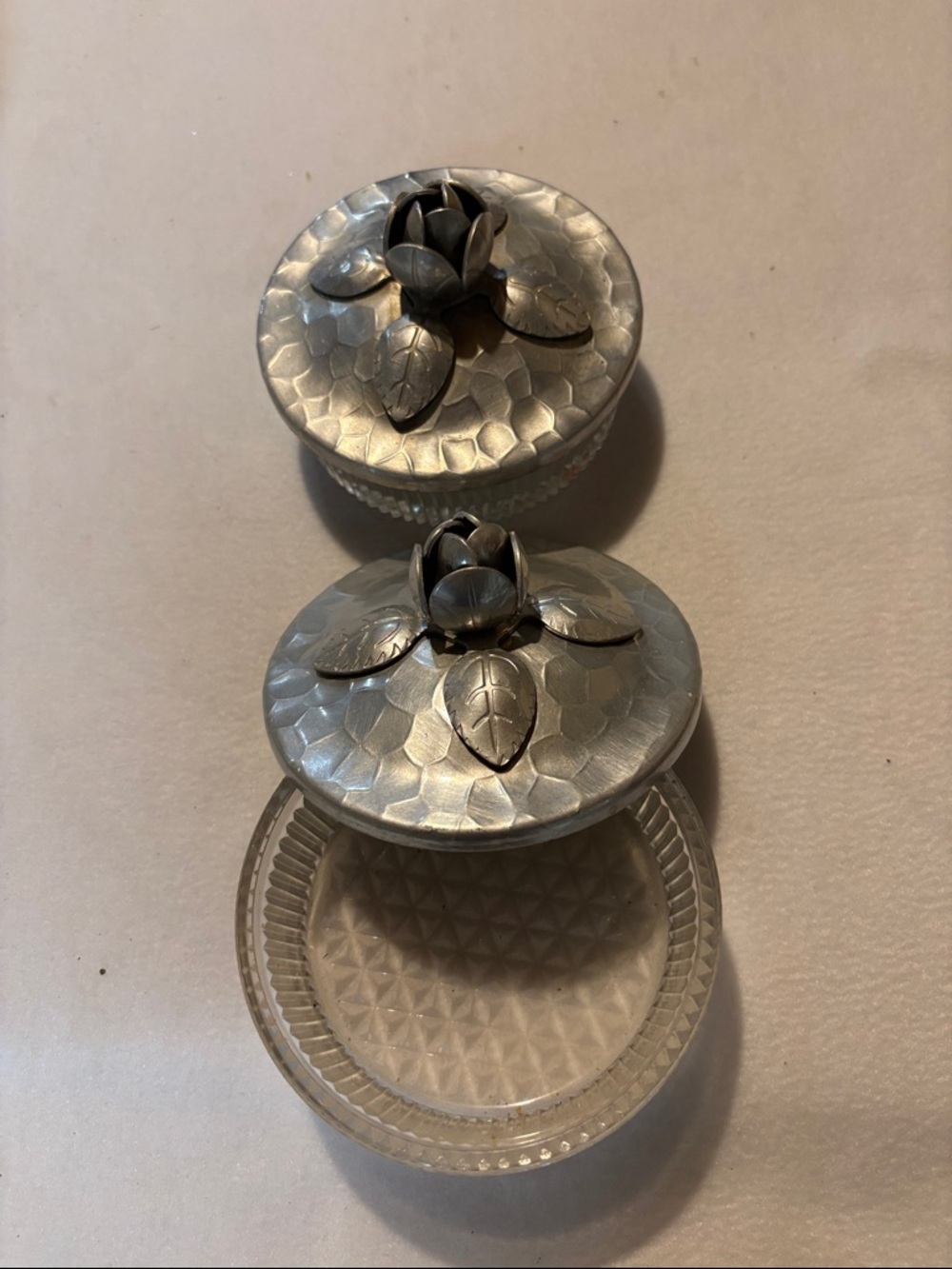 Vintage Style Glass Dresser Jars with Floral Silver-Tone Lids - Clear & Silver